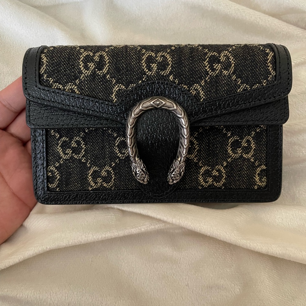 Gucci Jacquard Black Denim GG Monogram Super Mini Dionysus Shoulder Bag